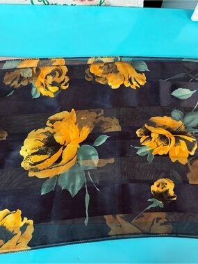 Source Unknown Black Sheer Scarf with Yellow Rose Print